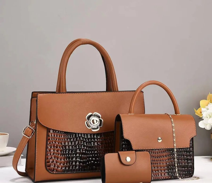 Tan bag set with croc pocket and matching pouches