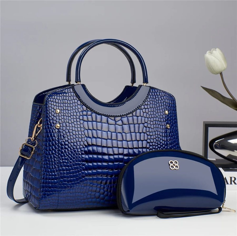 Navy croc dome satchel with matching pouch