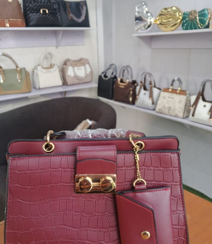 Wine croc-embossed bag set with matching pouch